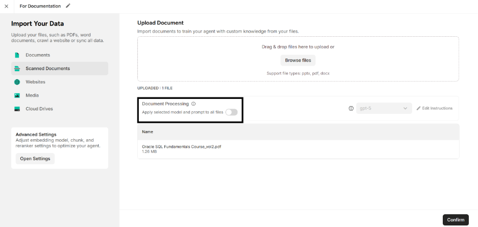 “Advanced Document Processing” Toggle Slider