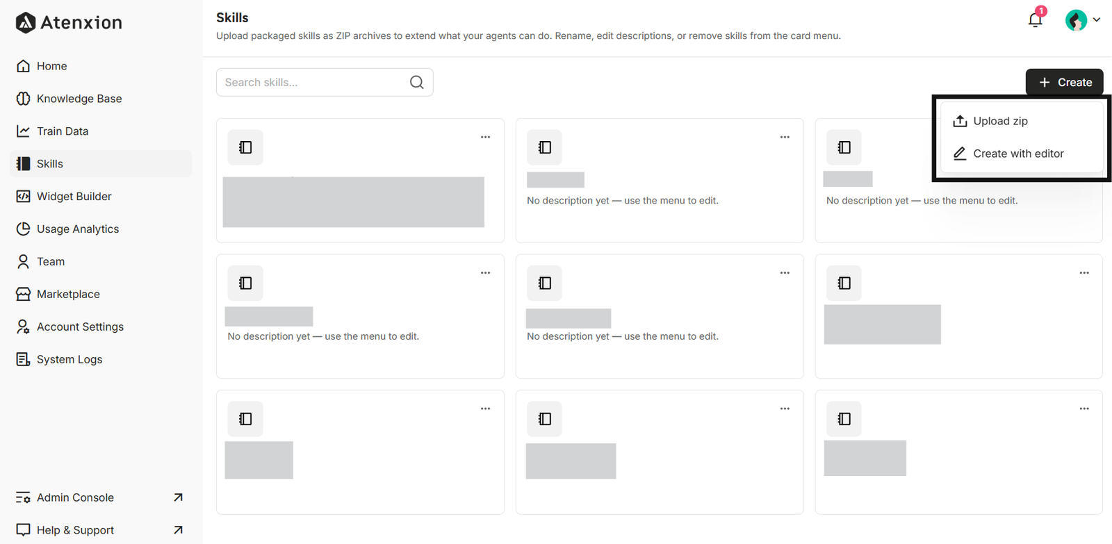 Skill Creation Options: “Upload ZIP” and “Create with Editor”