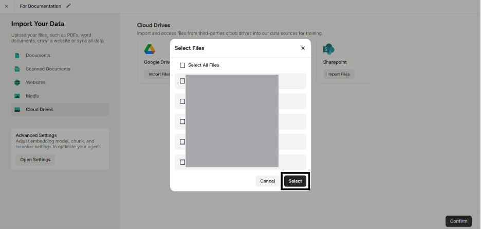 A list of files and highlighting the “Select” button 