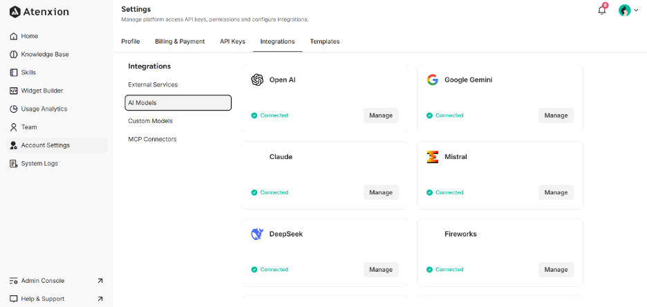 AI Models Interface under Integrations Setting 