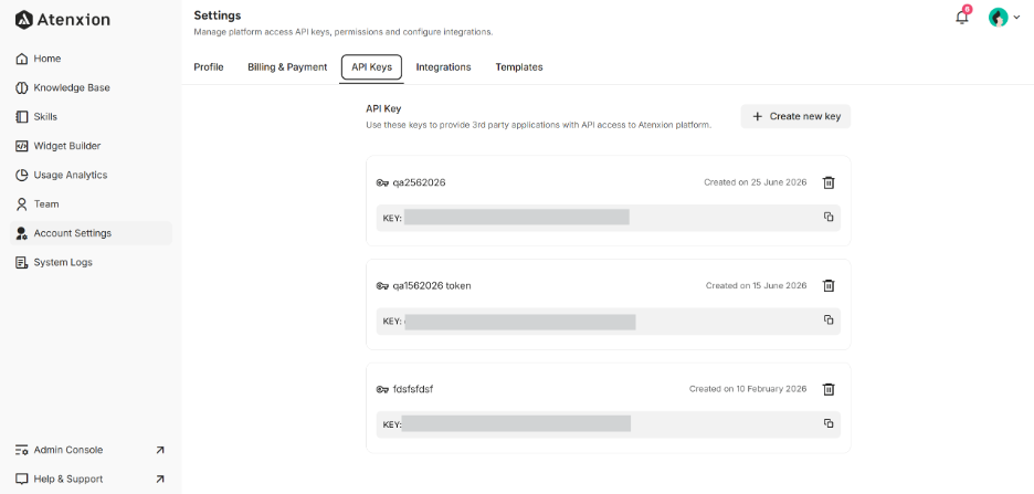API Keys Interface of Account Settings 
