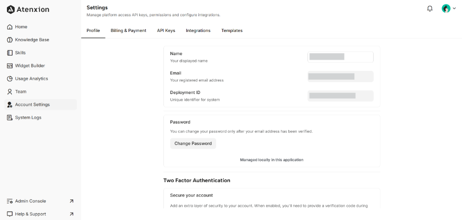 Account Settings Interface of Atenxion Platform 