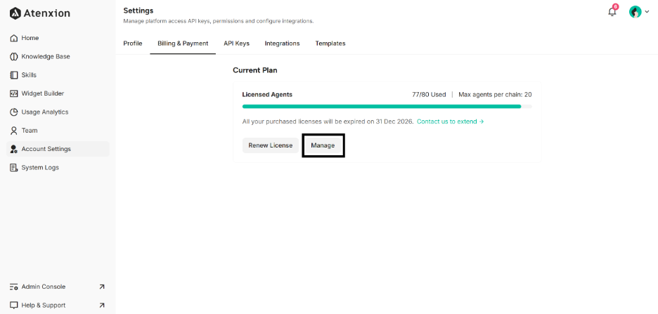 Click Manage Button to Manage the License and Published Agents