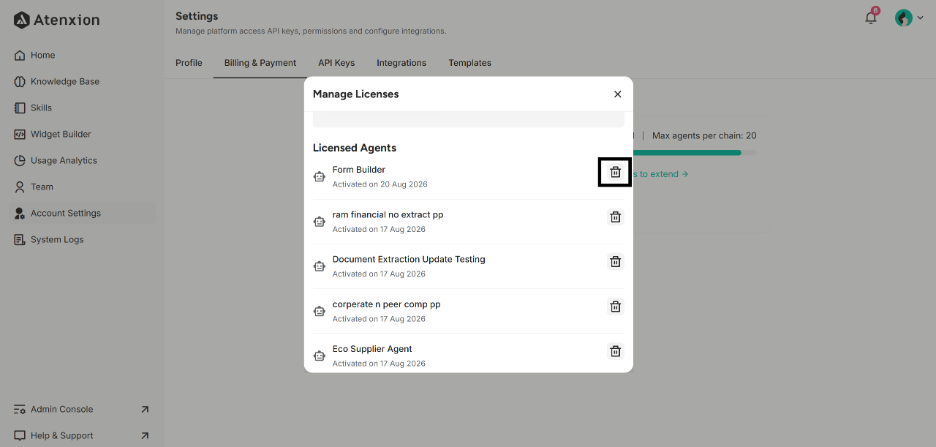 Click Trash can icon to unpublish the agent