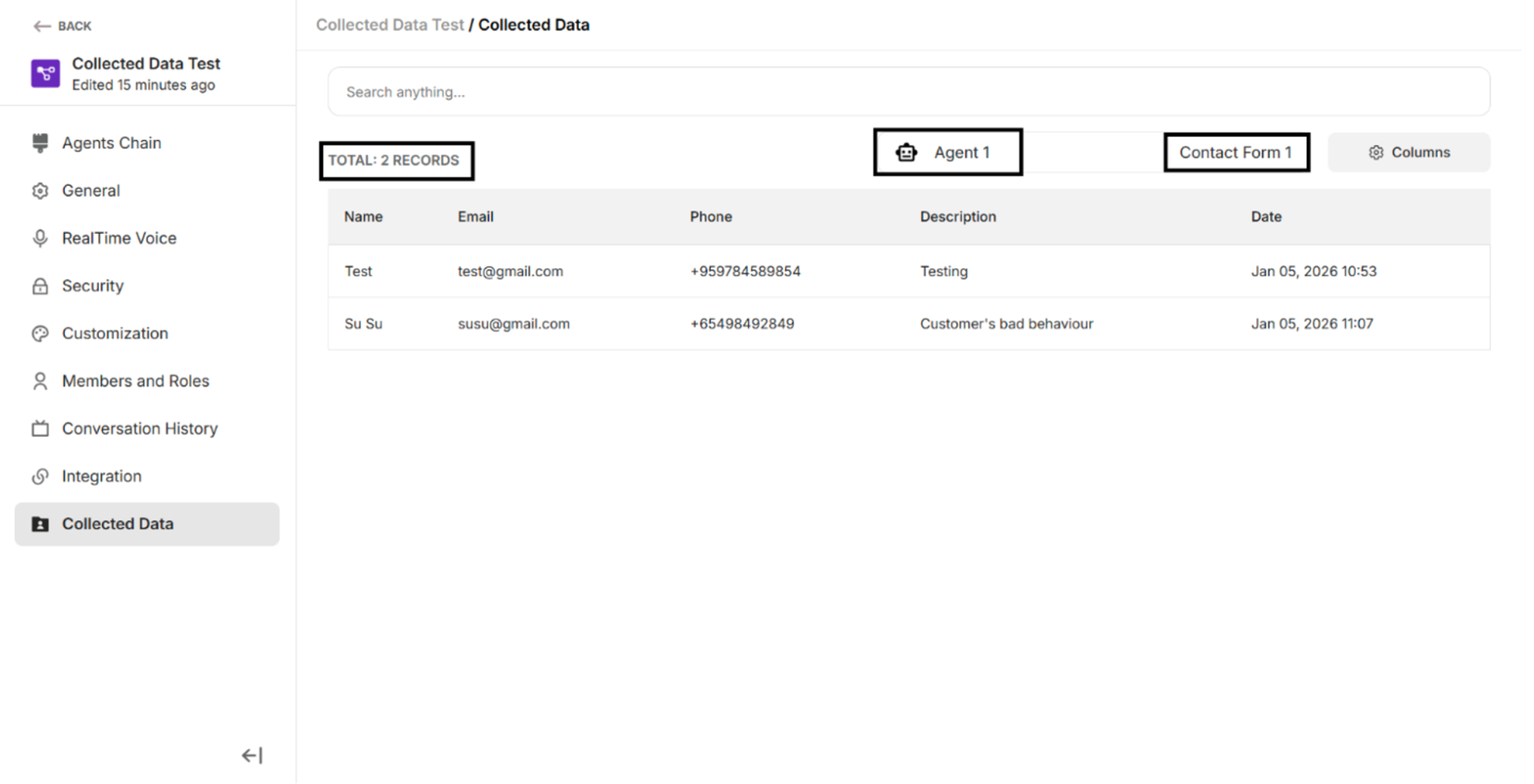 Collected Data for the selected Agent Node and custom action
