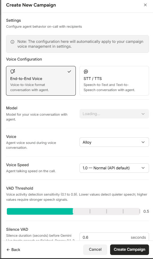 Figure : Configuring On-Call Agent Settings and Finalizing Campaign Creation