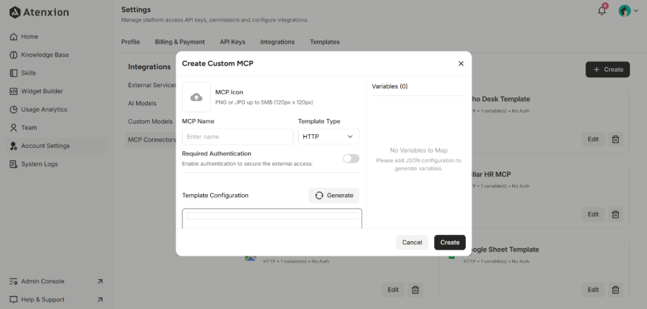 Create Custom MCP Template Interface in Atenxion Platform 