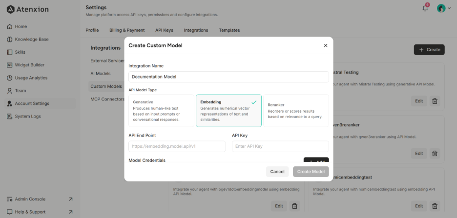 Create a Custom Embedding Model Interface under Custom Models Setting 