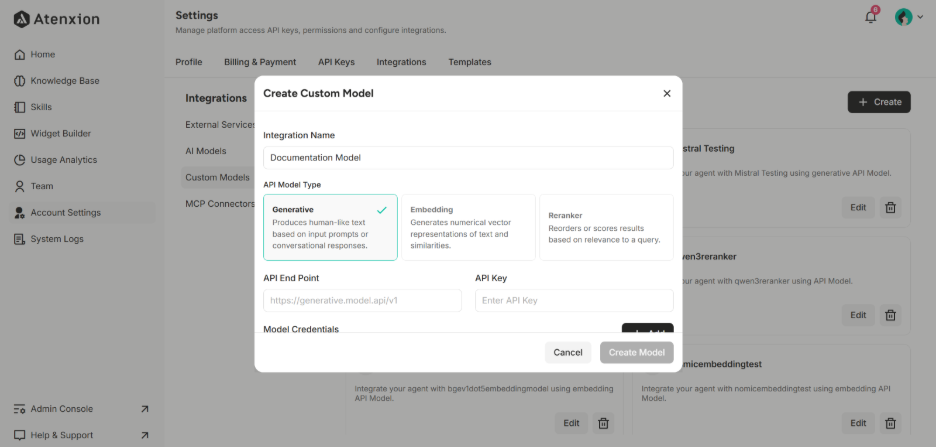 Create a Custom Model Interface under Custom Models Setting 