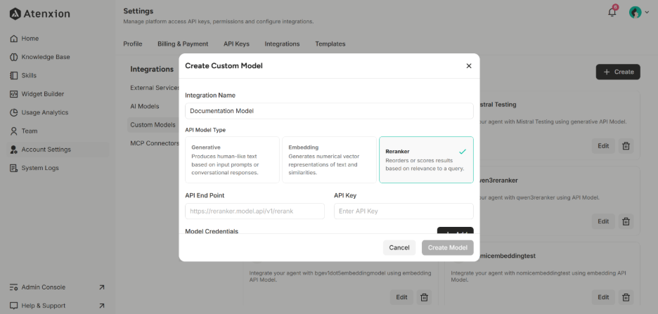 Create a Custom Reranker Model Interface under Custom Models Setting 