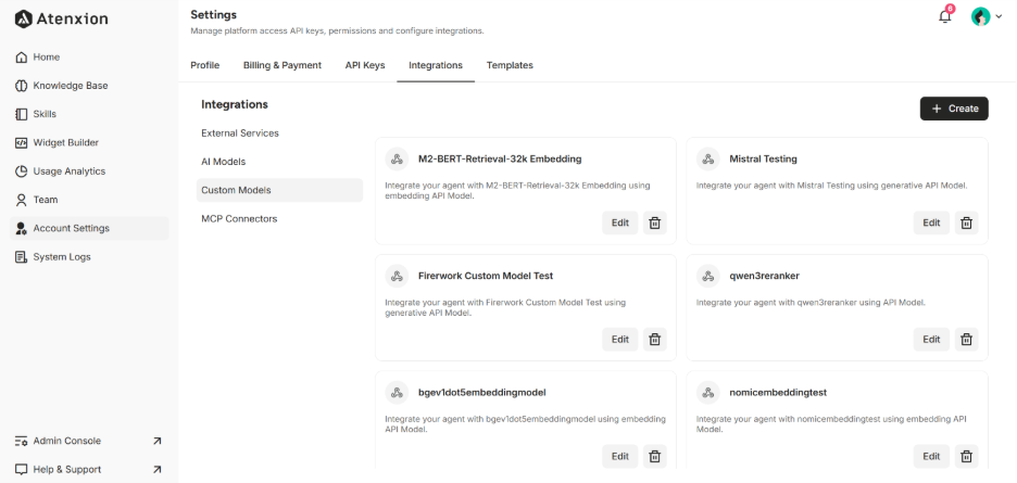 Custom Models Interface under Integrations Setting 