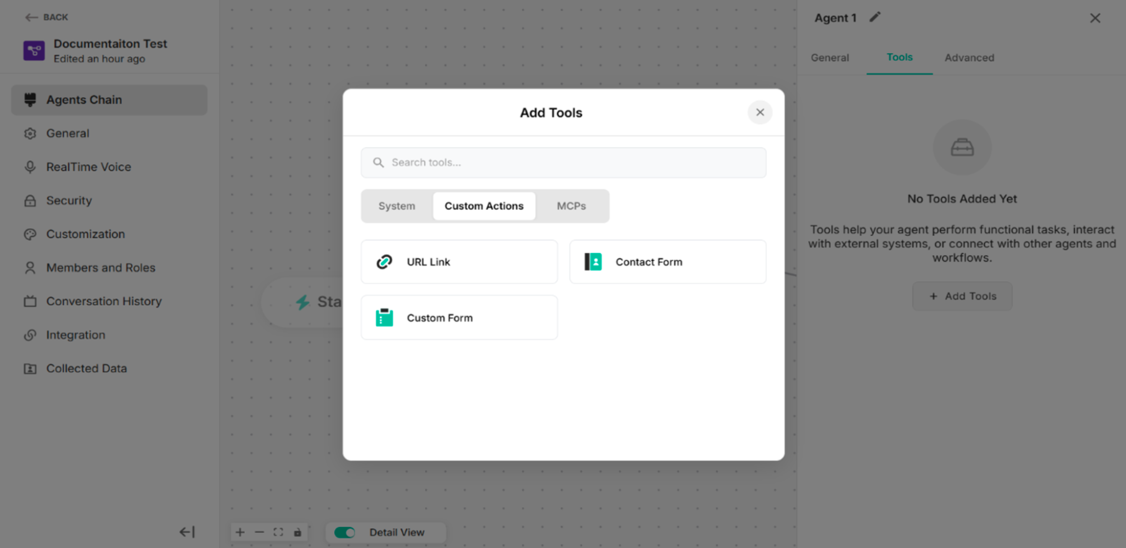 Custom Actions in Agent Chain Interface