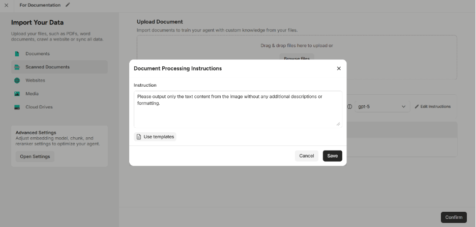 Document Processing Instructions Pop-up Window