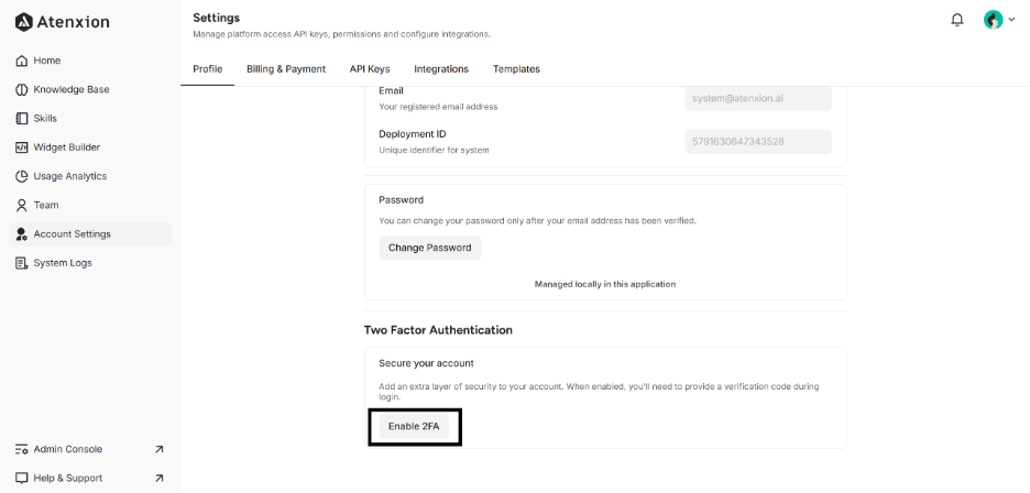 Enable two-factor authentication (2FA) in Settings of Atenxion Platform 