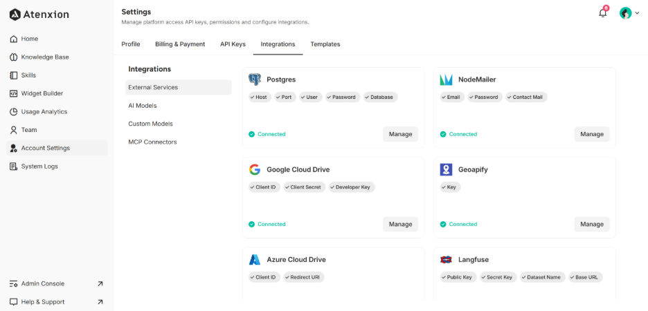 External Services Interface under Integrations Setting 