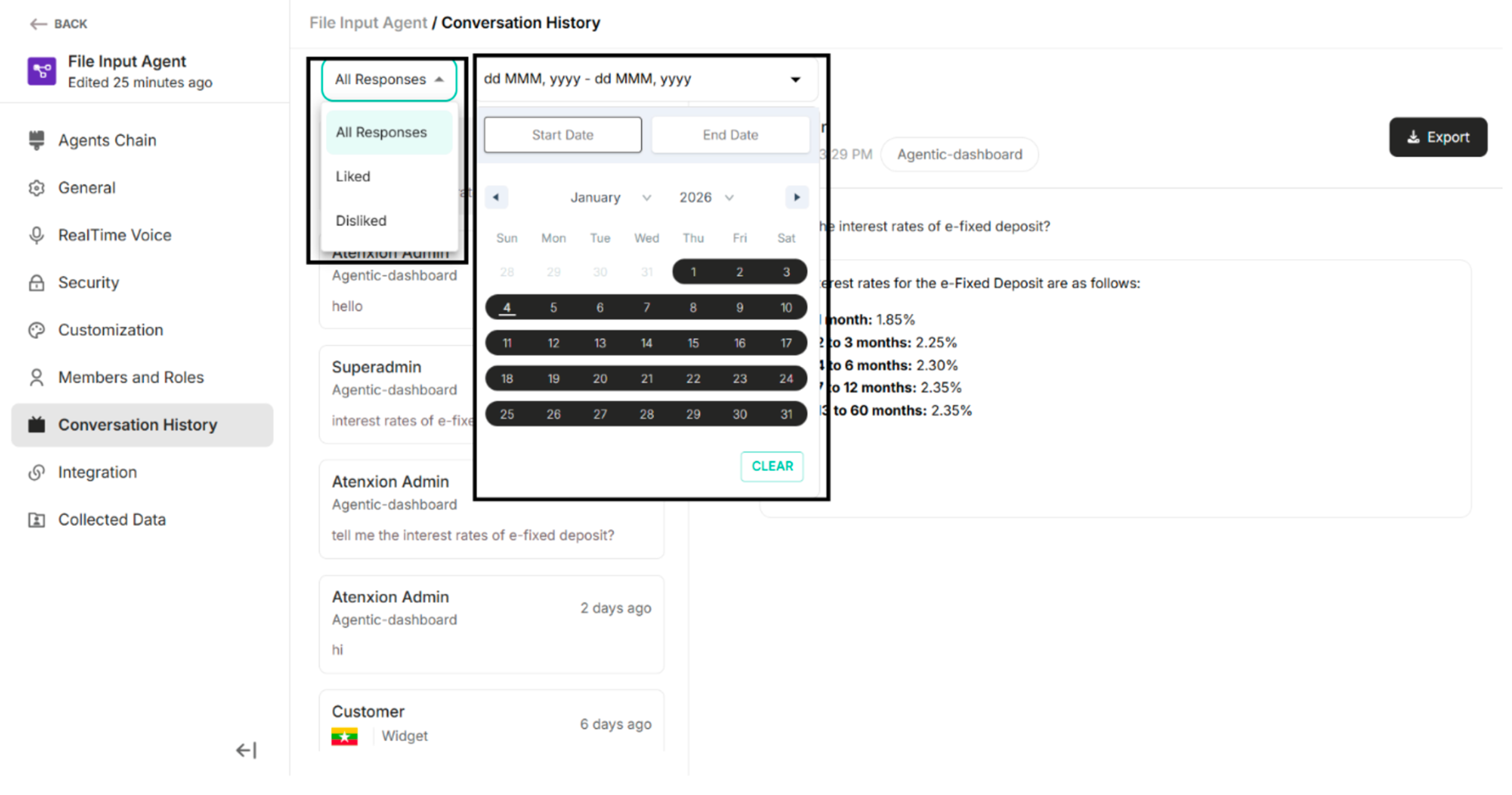 Filters Available under the Conversation History