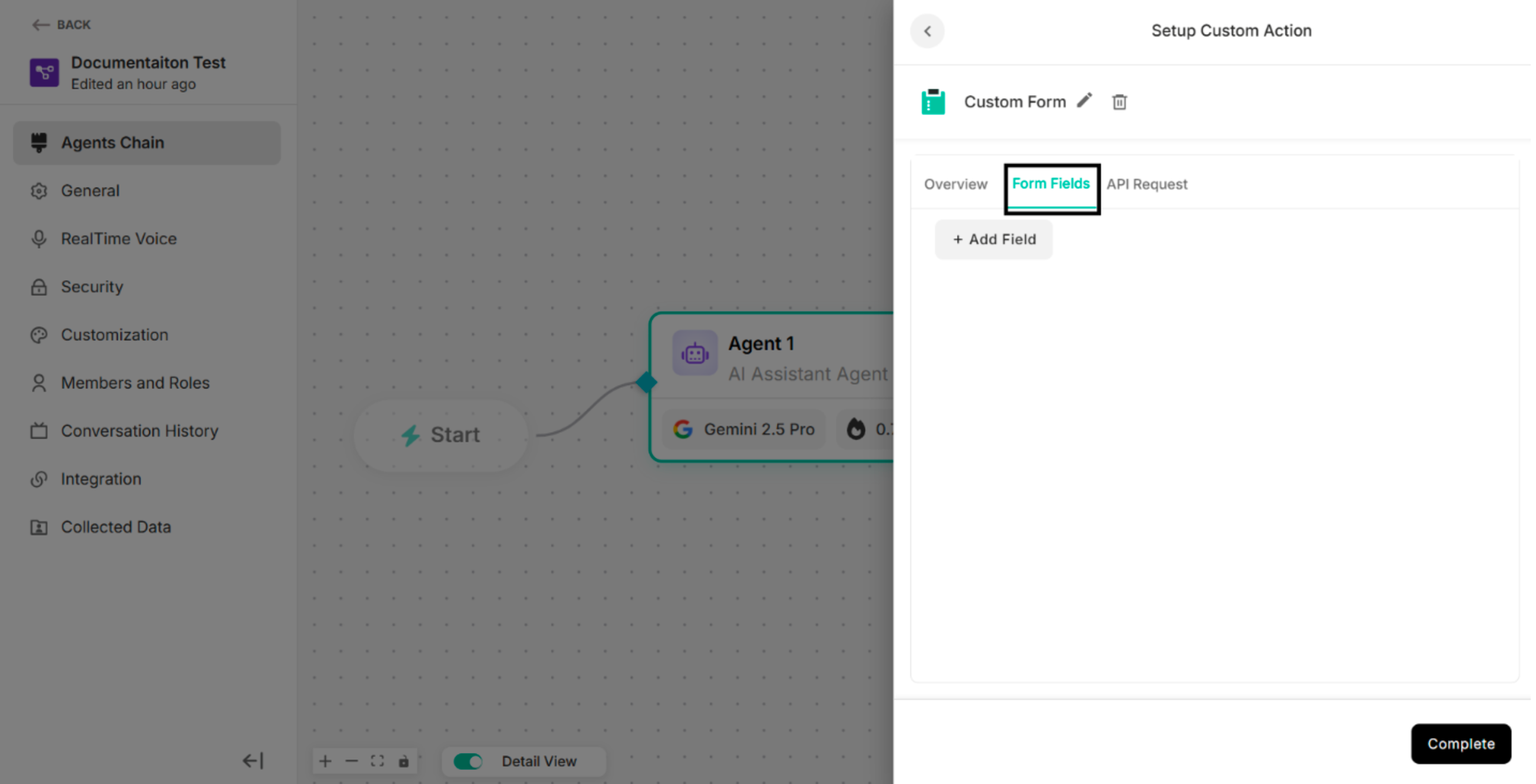 Form Fields Section under Custom Form