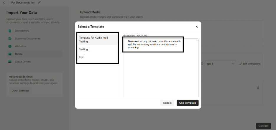 Highlighting “Pre-built templates and the instruction of the template” in Select a Template window 