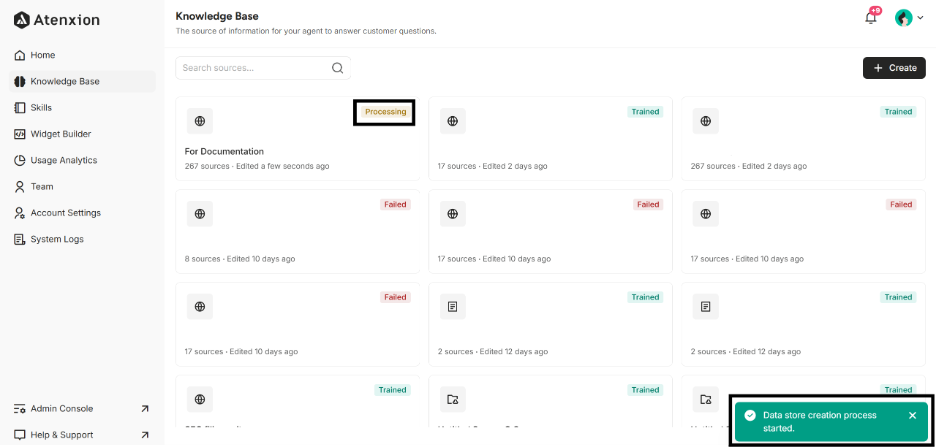 Highlighting success Message box and newly created Knowledge Base Status