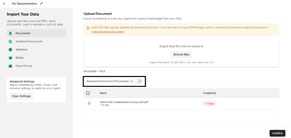 “Advanced Document Processing” Toggle Slider