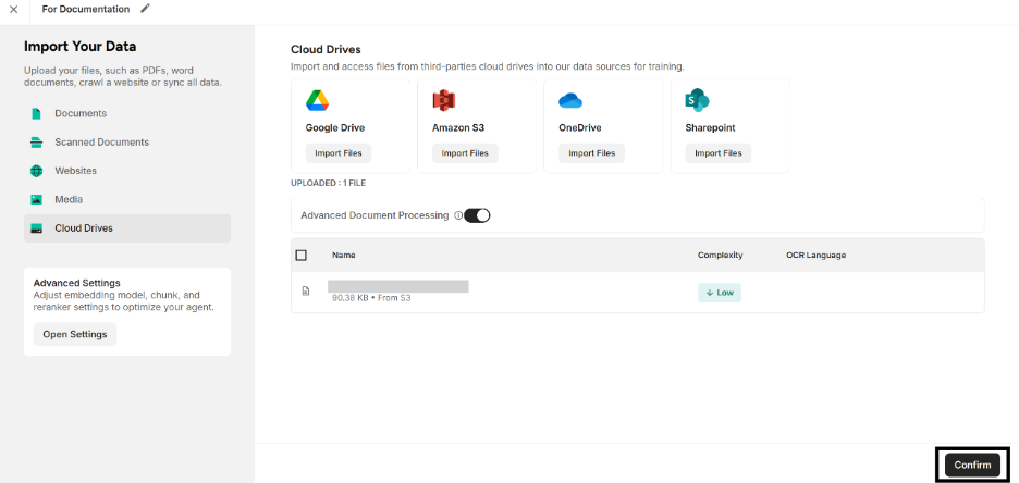 Highlighting the “Confirm” button to create the Knowledge Base