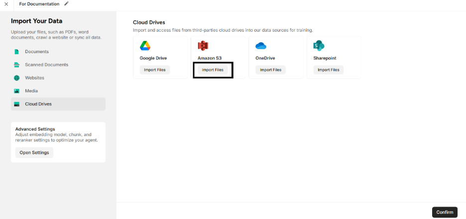 Highlighting the “Import Files” button of Amazon S3 