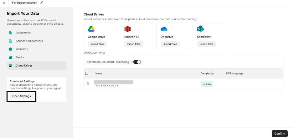 Highlighting the button to open Advanced Settings
