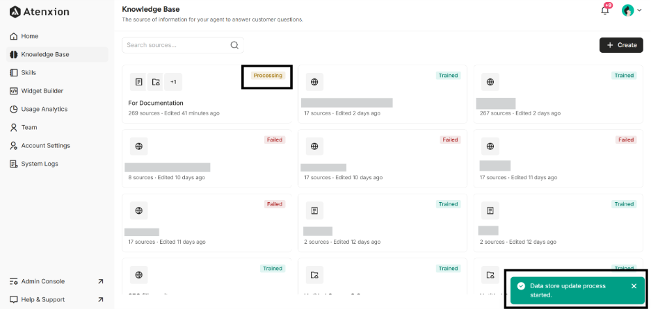 Highlighting the success message and status of the Knowledge Base 