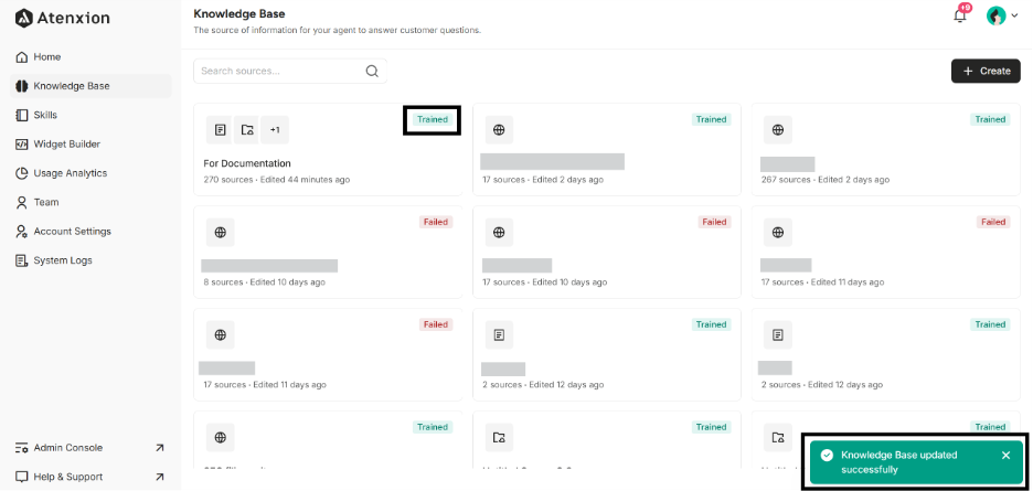 Highlighting the success message and the “Trained” status of the Knowledge Base