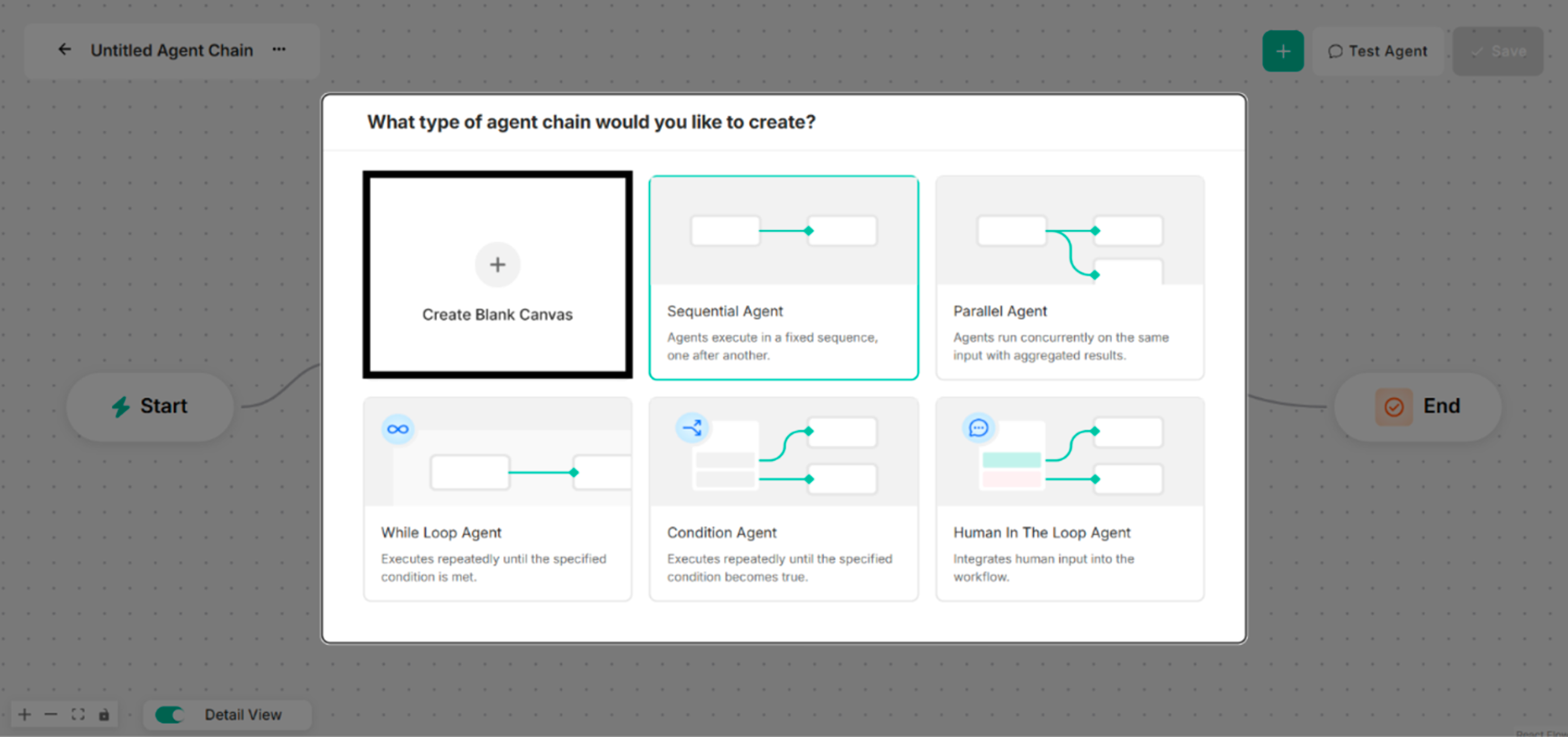 Interface showing Blank Canvas for a Single-Node Agent Creation
