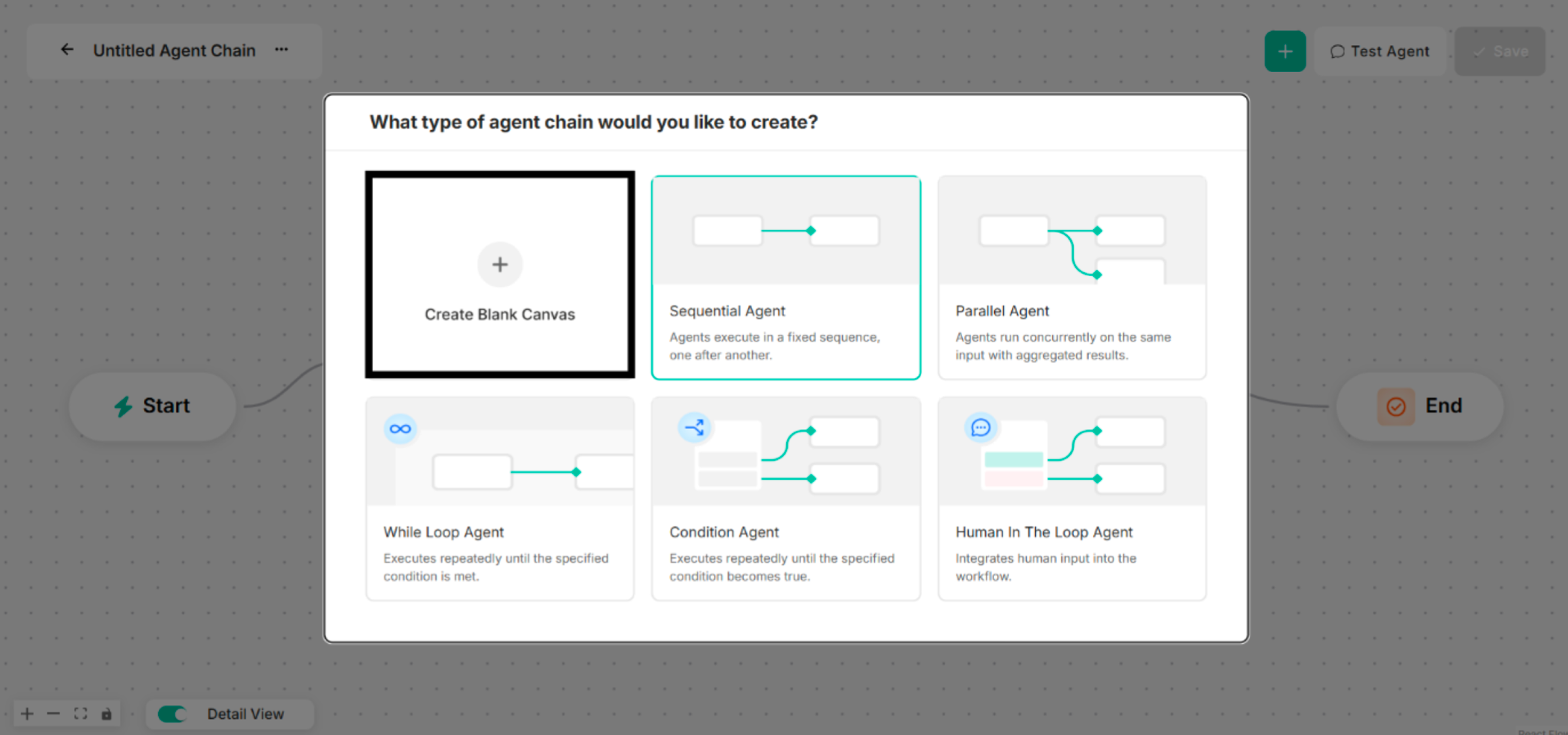 Interface showing Blank Canvas for a Single-Node Agent Creation