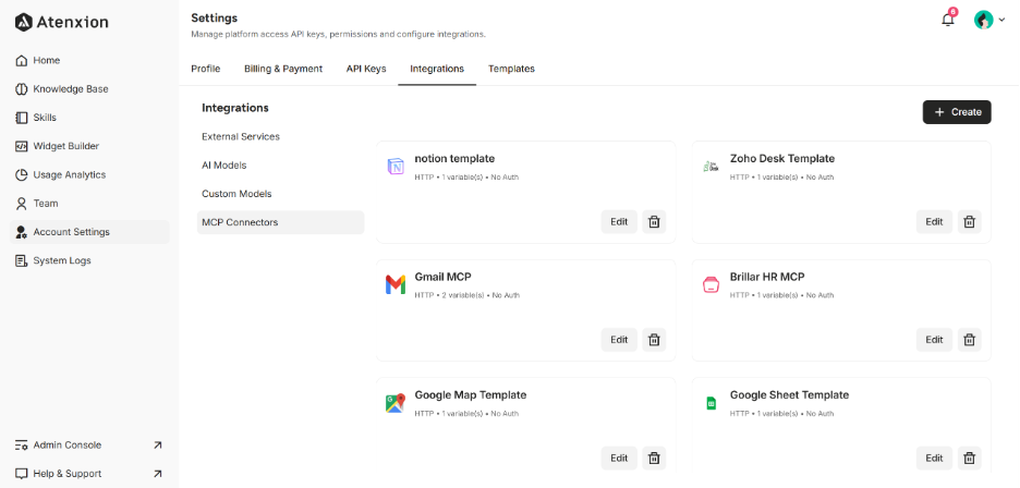 MCP Connectors Interface under Integrations Setting 