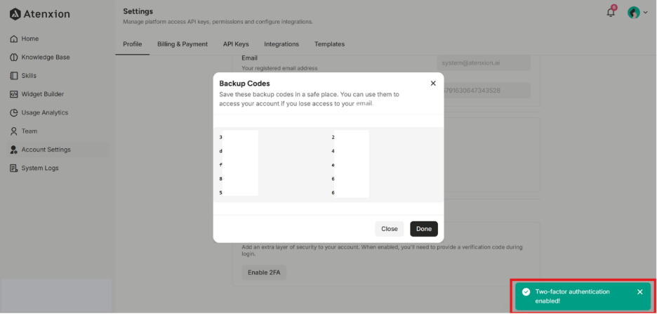 Showing Backup Codes that can be accessed the User’s Account