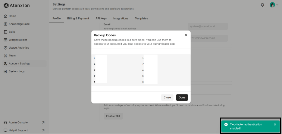 Showing Backup Codes that can be accessed the User’s Account