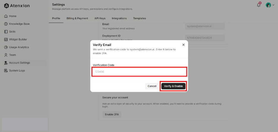 Showing a Success Message for entering a Verification Code to the User’s Email