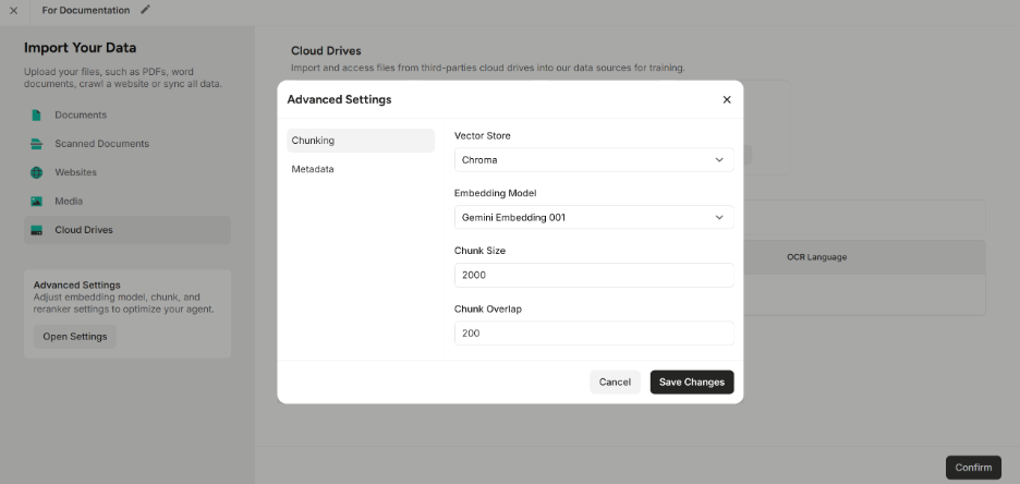 Showing options under Chunking tab