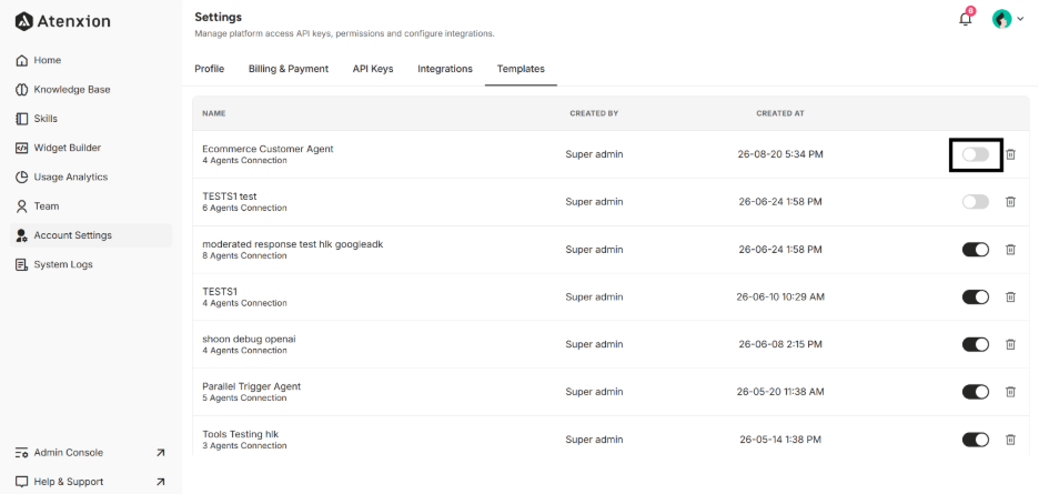 Showing the Radio Button to disable the created Agent Template