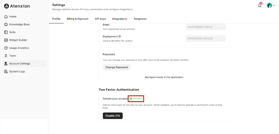 Figure: Showing the Status “SECURED” After Setting Up 2FA with Email