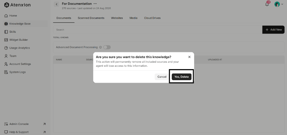 Showing the confirmation window and highlighting the “Yes, Delete” button