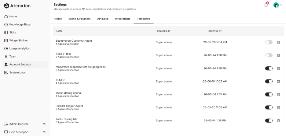 Templates Interface of Account Settings