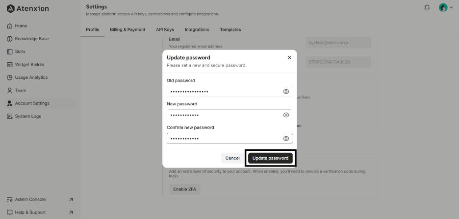 Update Password Pop Up of Change Password of Account Setting