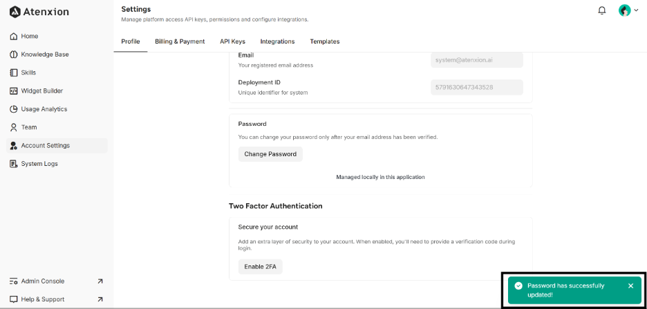 Update Password Successful Message