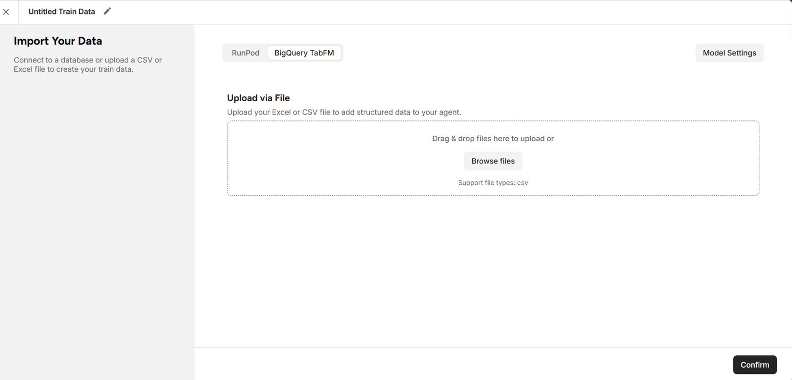 Figure: BigQuery TabFM file upload dashboard showing CSV file drag and drop area and Model Settings button.