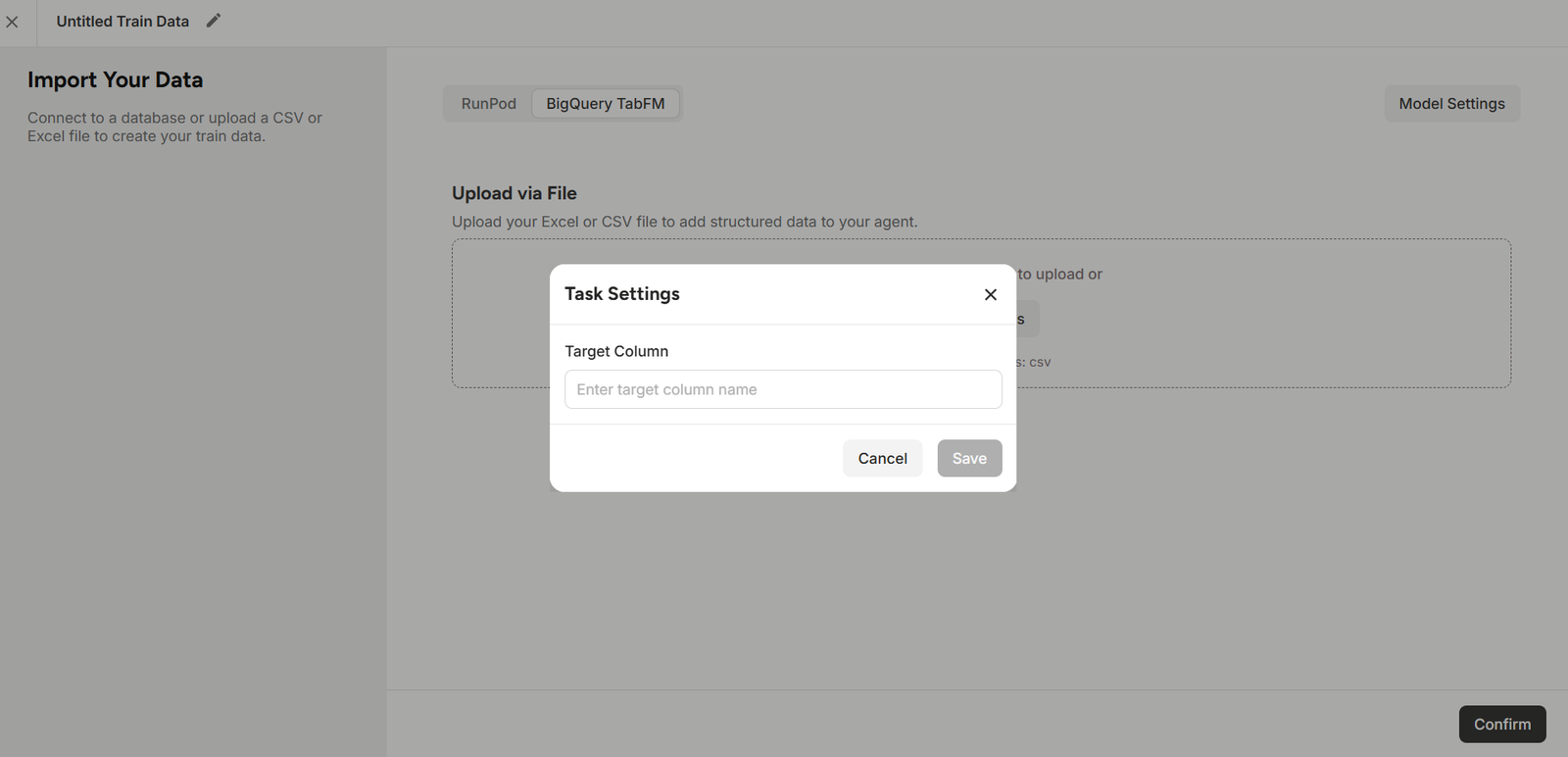 Figure: Task Settings modal window in BigQuery TabFM with input field for target column name.