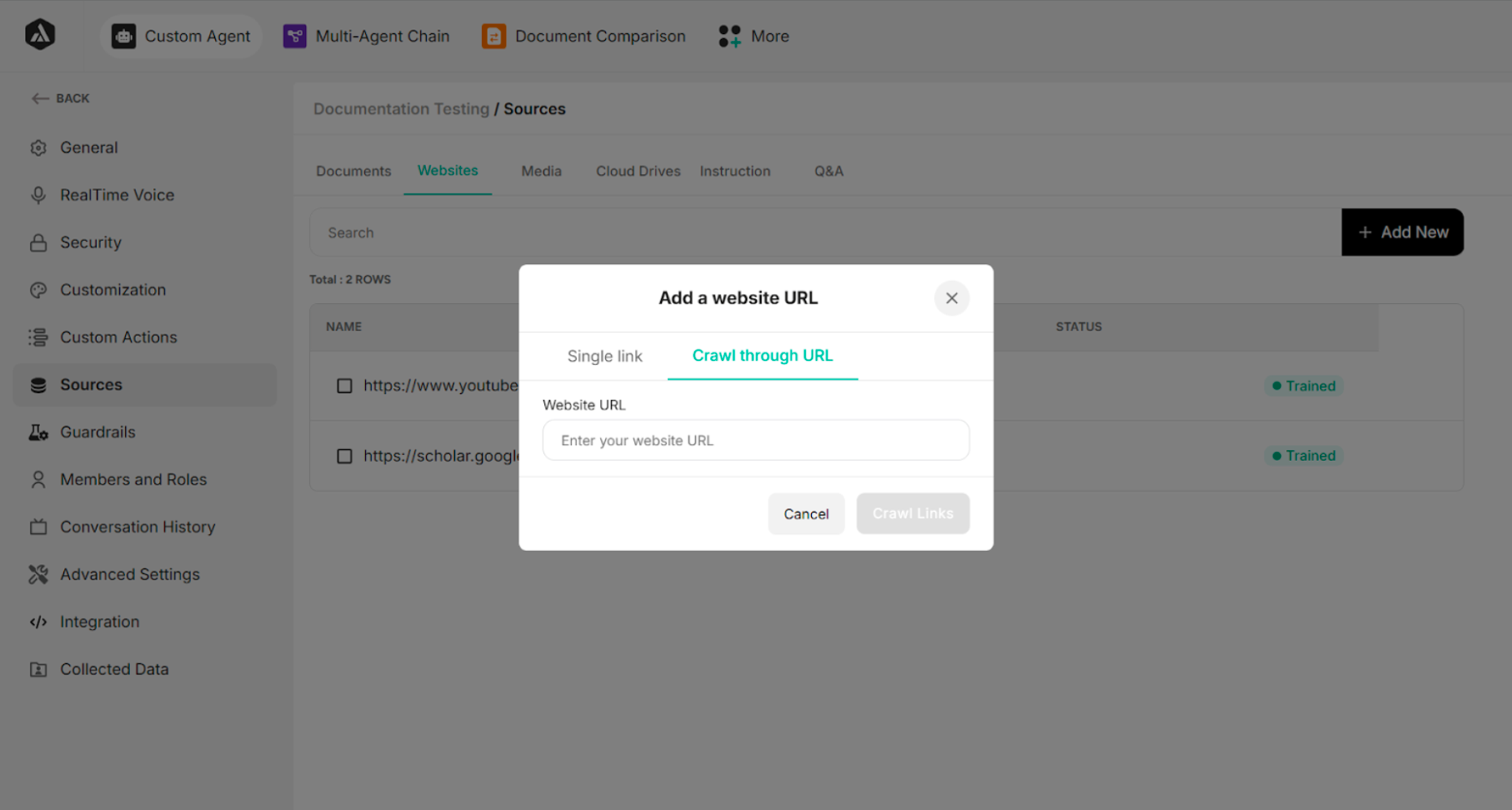 Crawl through URLs Confirmation box