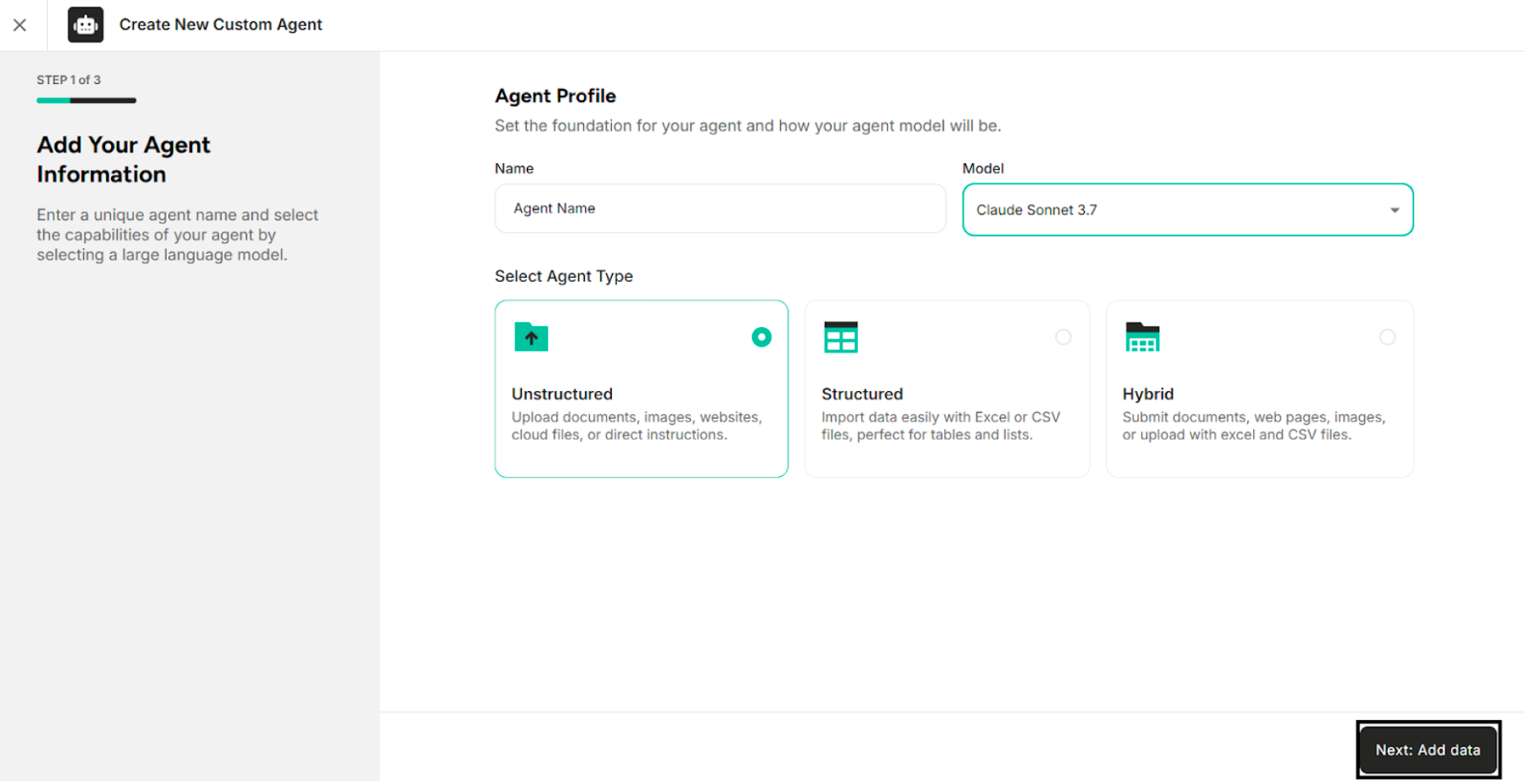 Next: Add Data in the Agent Information Interface