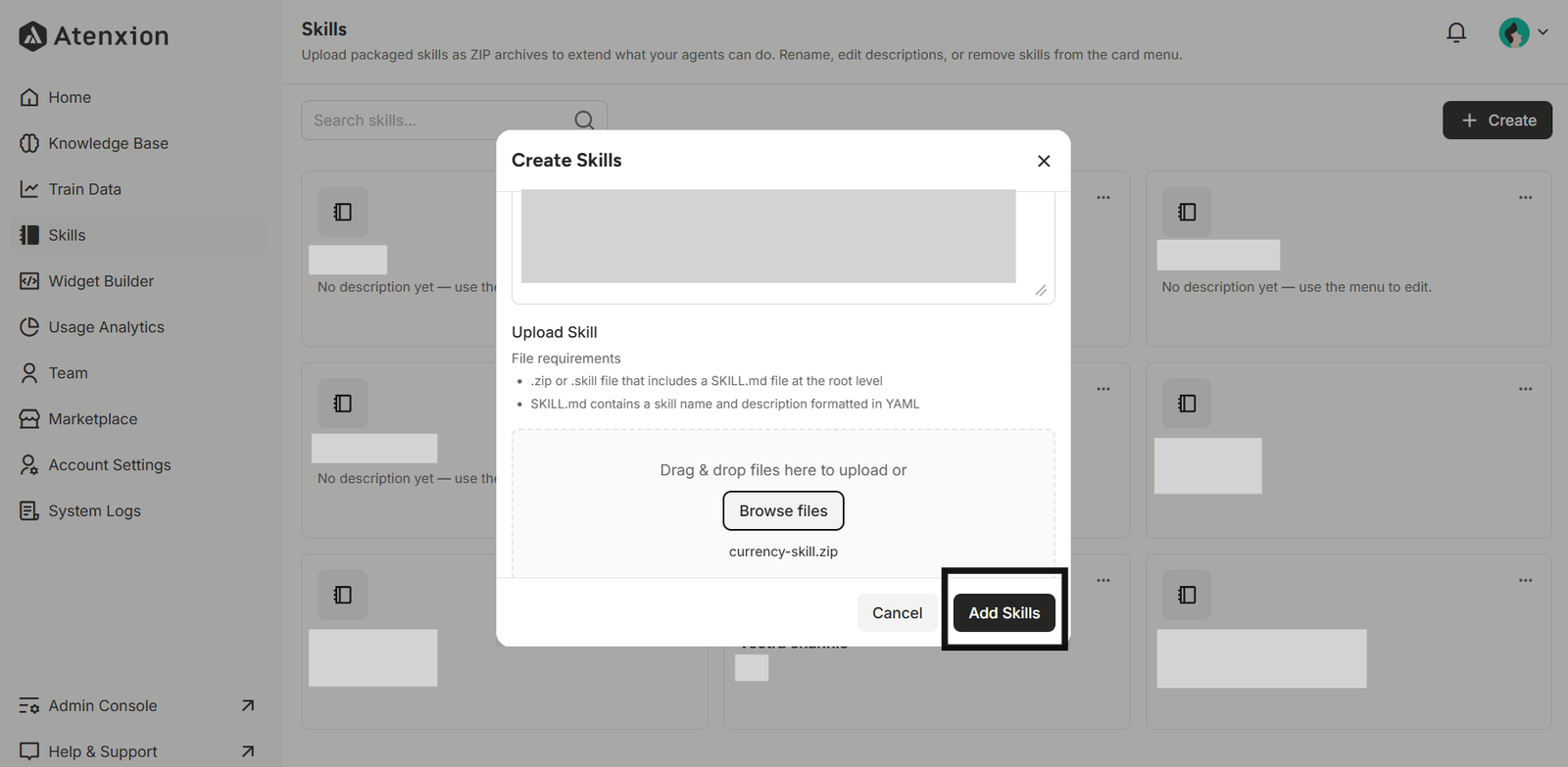 Uploading the ZIP File and Clicking “Add Skills”