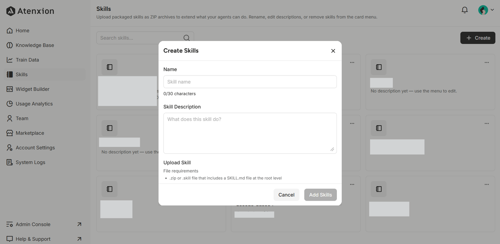 Entering Skill Name and Skill Description for ZIP Upload