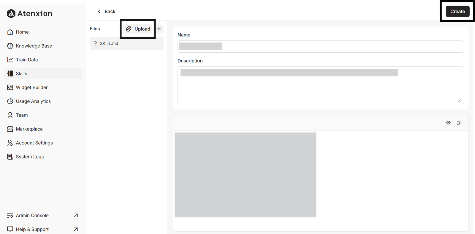 Highlighting the “Upload” Button and “Create” Button