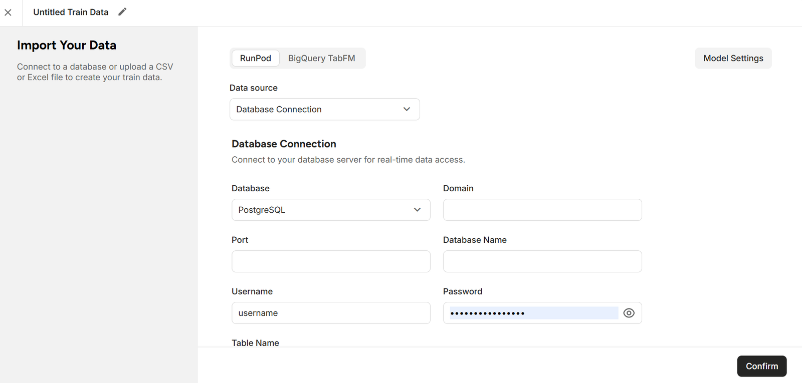 Figure: RunPod database connection setup screen showing form fields for Database, Domain, Port, Database Name, Username, Password, and Table Name.
